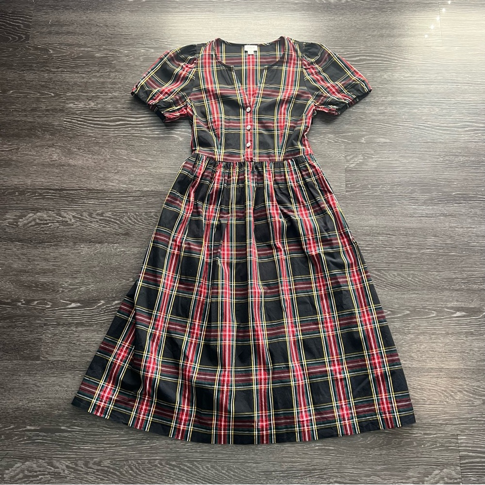 J. Crew Stewart Tartan Puff-Sleeve Factory Midi Dress - Picture 2 of 8